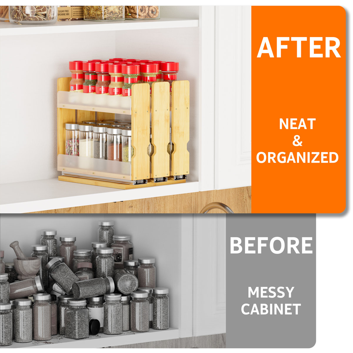 Bamboo Pull-out Spice Rack Organizer — Heavy Duty Sliding Cabinet Pantry — 7.6" W, 2-tier, 3 Drawers (2" Wide), Natural